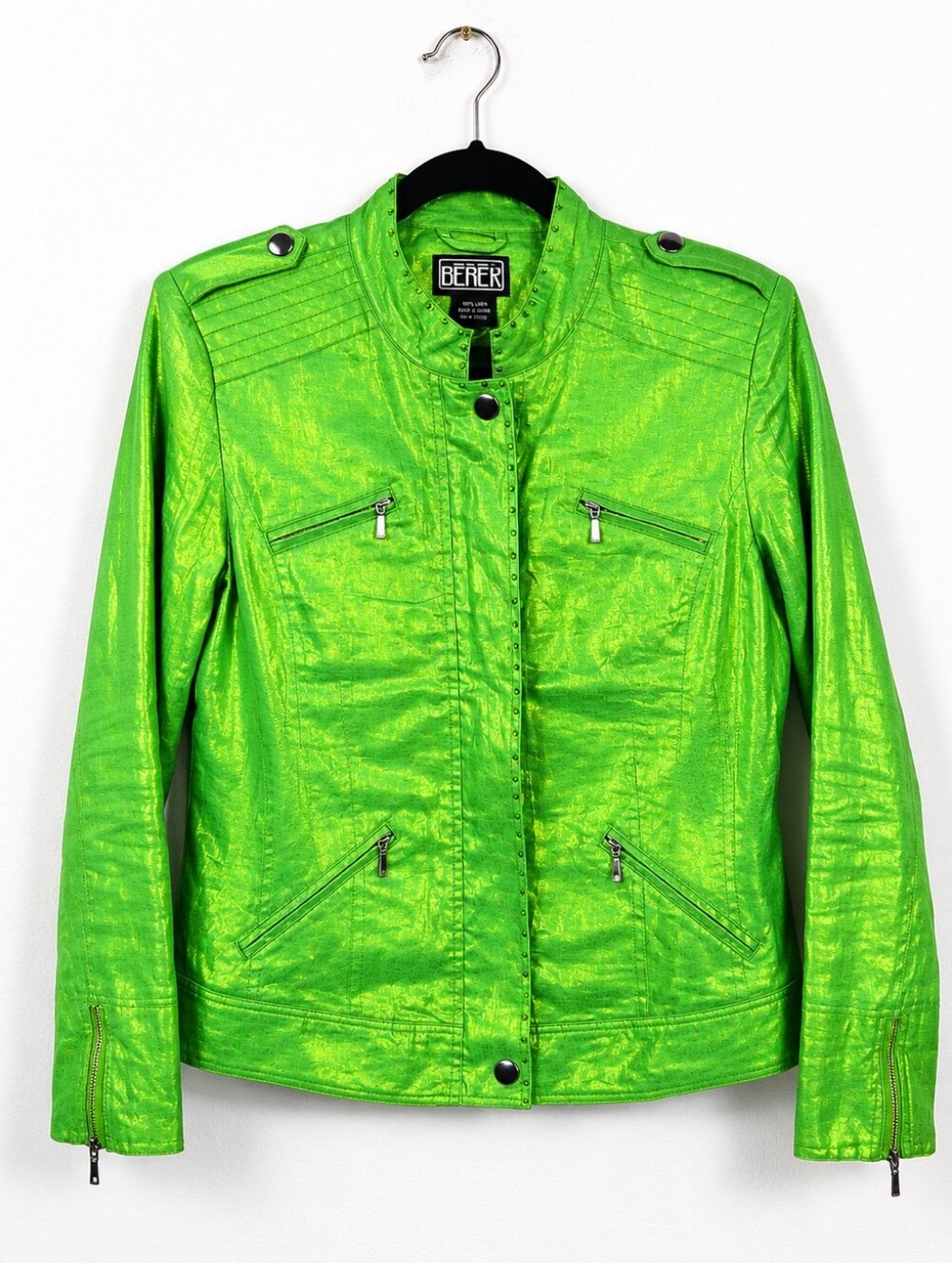 Berek Linen Metallic Lime Green Studded Moto Jacket Wearable Art Small